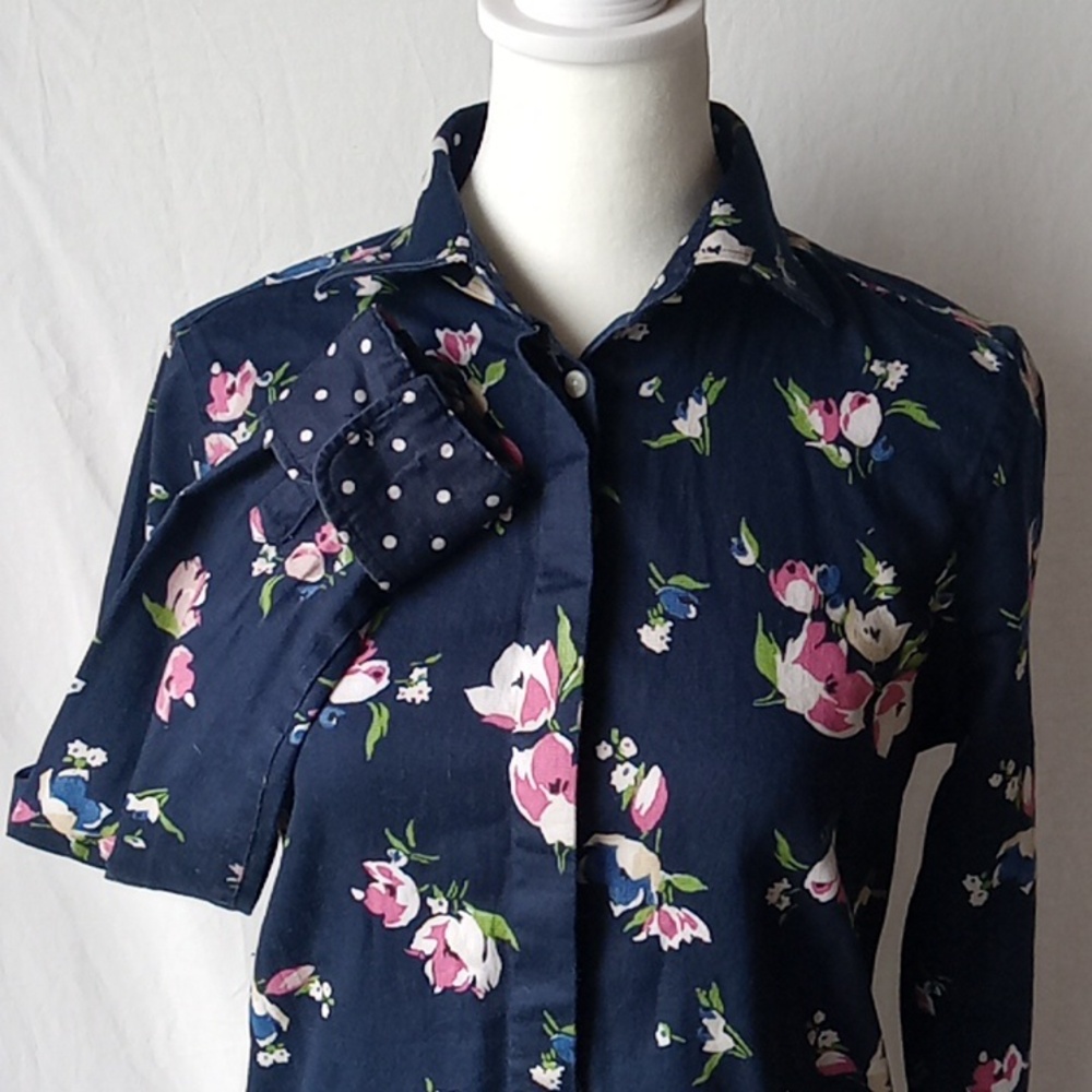 Chaps No Iron Broadcloth Button-Down Shirt Floral S Navy Blue